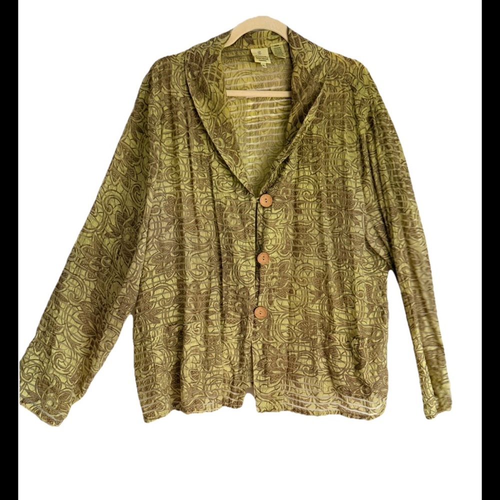 FOCUS Sheer Crinkle Long-Sleeve Sage Green Print Button Overblouse Jacket Sz XL